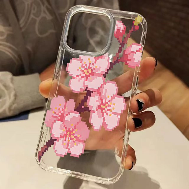 Transparente Silikonhülle mit Pixel-Art Kirschblütenmuster für iPhone 11 bis iPhone 17 Pro Max und weitere Modelle - Bild 1