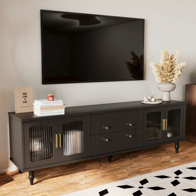 Aosom TV-Schrank im Retro-Design mit Glastüren und Goldgriffen, Schwarz, B/T/H: 175 x 38 x 55,5 cm - Bild 1