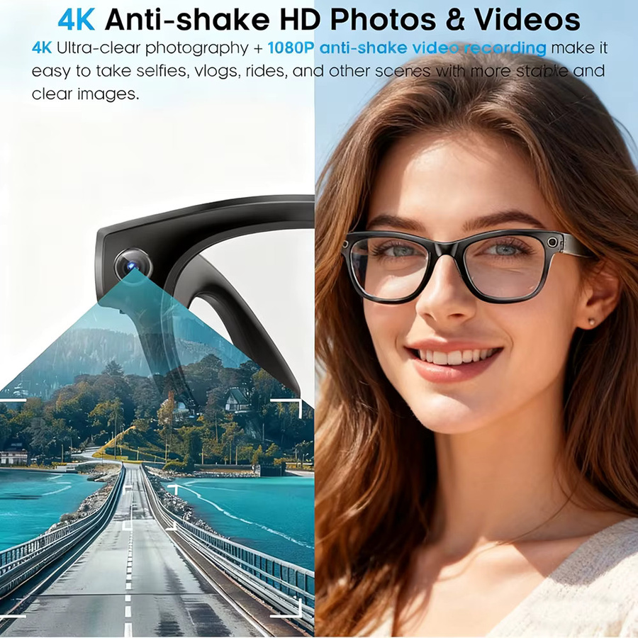 GUHUAVMI Smart Brille mit Kamera und AI Foto Erkennung in Schwarz für Videoaufnahme, Anrufe und Sprachübersetzung - Bild 2