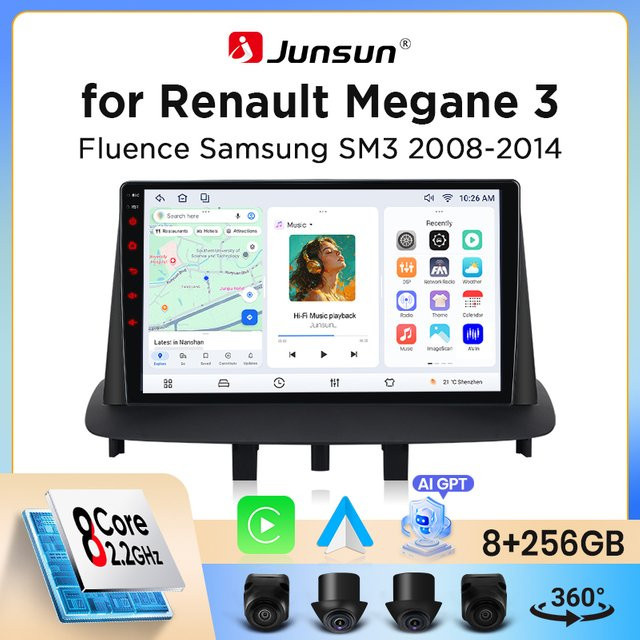 Junsun Wireless CarPlay und Android Auto Autoradio für Renault Megane 3 / Fluence 2008-2016 mit GPS, WiFi, Bluetooth, DSP, RDS und IPS-Touchscreen in Schwarz - Bild 1