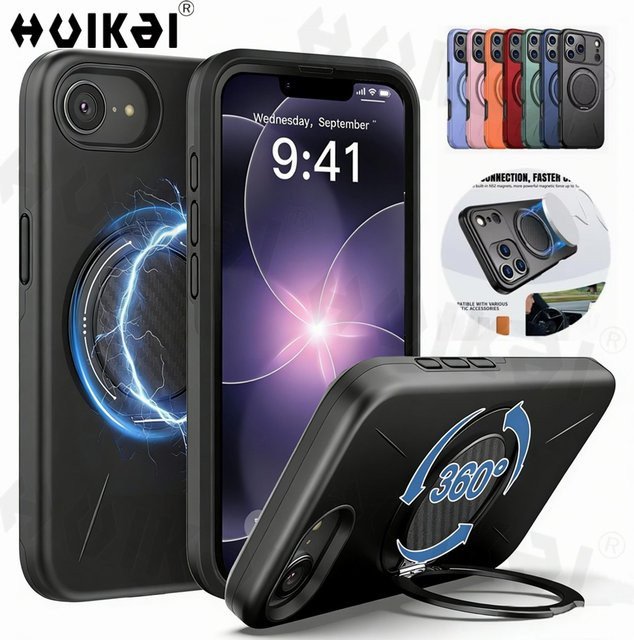 Huikai Magnetische Schutzhülle für iPhone 17e und 16e mit Ständer in Schwarz, Carbonfaser-Design, Stoßfeste TPU PC Hülle mit militärischem Schutzgrad - Bild 1