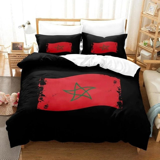 Bettwäsche-Set Marokko Flagge von Binchi Outdoor Product in Rot, 2-teilig mit Bettbezug und Kissenbezug aus Mikrofaser, B/H: 133 x 70 cm - Bild 1