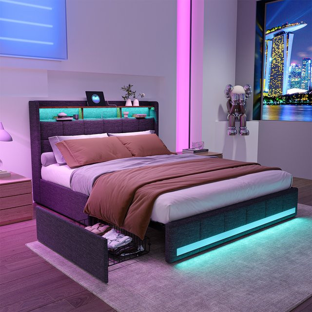 ROSAHQNDA Polsterbett Beige mit Schubladen, LED-Beleuchtung und USB-Anschluss, Stoff - Bild 1