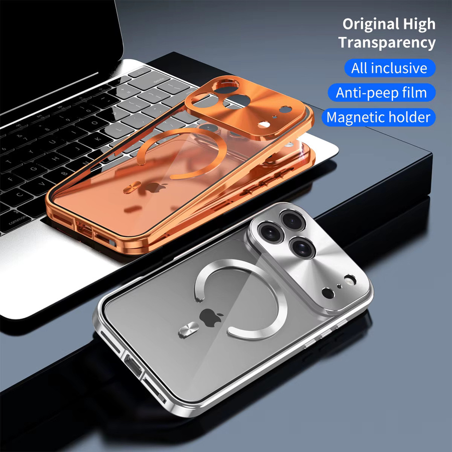 dcoud Handyhülle für iPhone 17 Pro Max und 17 Pro mit Anti-Peeping-Riemenschnalle, magnetischem Metallrahmen und All-Inclusive-Schutz in Orange - Bild 1