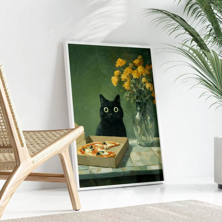 Wandkunst von SHENCHEN mit Katze und Pizza auf tiefgrünem Hintergrund und goldgelber Blume, rechteckiger Kunstdruck aus Papier in Grün und Gold - Bild 3