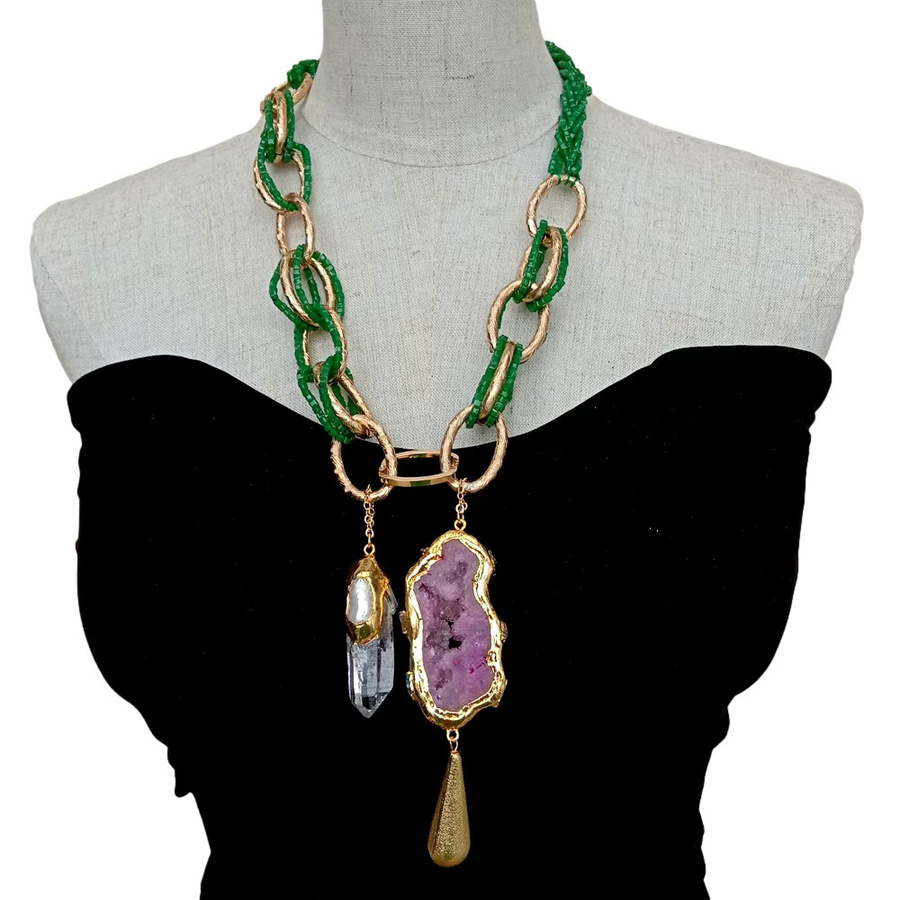 SETTIMANA Halskette, Grüne Kristall-Loop-Kette, Fuchsia-Achat-Scheibe, weißer Quarz, Biwa-Perlen-Punkt-Anhänger, 61 cm, Unisex - Bild 3