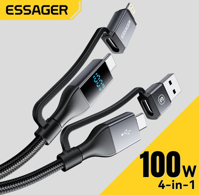 Essager 4 in 1 USB-C-Kabel mit digitalem Display, 100 W Schnellladefunktion und Beleuchtung für iPhone, Huawei, Xiaomi, MacBook und iPad, Farbe: Schwarz oder Grau - Bild 1
