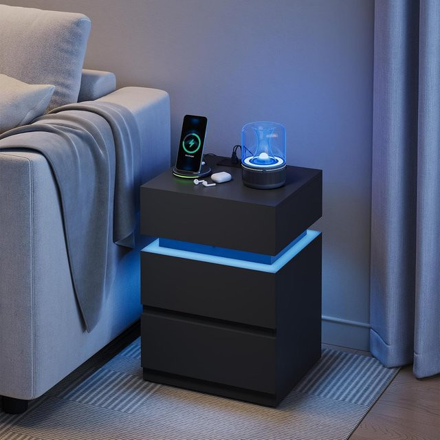 WOLTU Nachttisch in Weiß/Schwarz mit LED-Beleuchtung, 2 Schubladen und USB-Ladefunktion, moderner Beistelltisch für dein Schlafzimmer - Bild 1