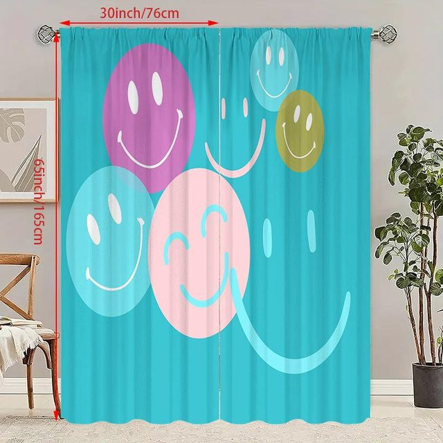 2er-Set Vorhang mit blauem Smiley-Druck aus Polyester in Weiß, B: 60 cm, H: 150 cm - Bild 1