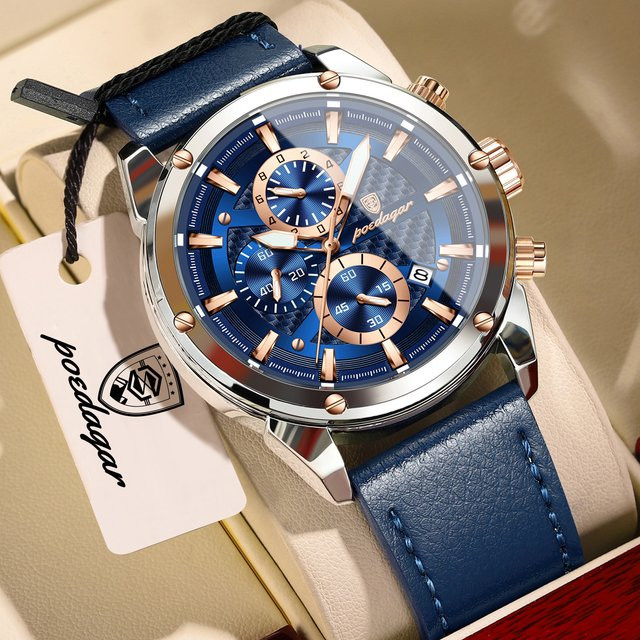 POEDAGAR Chronograph, Quarz, Leder, Schwarz, Herren - Bild 1
