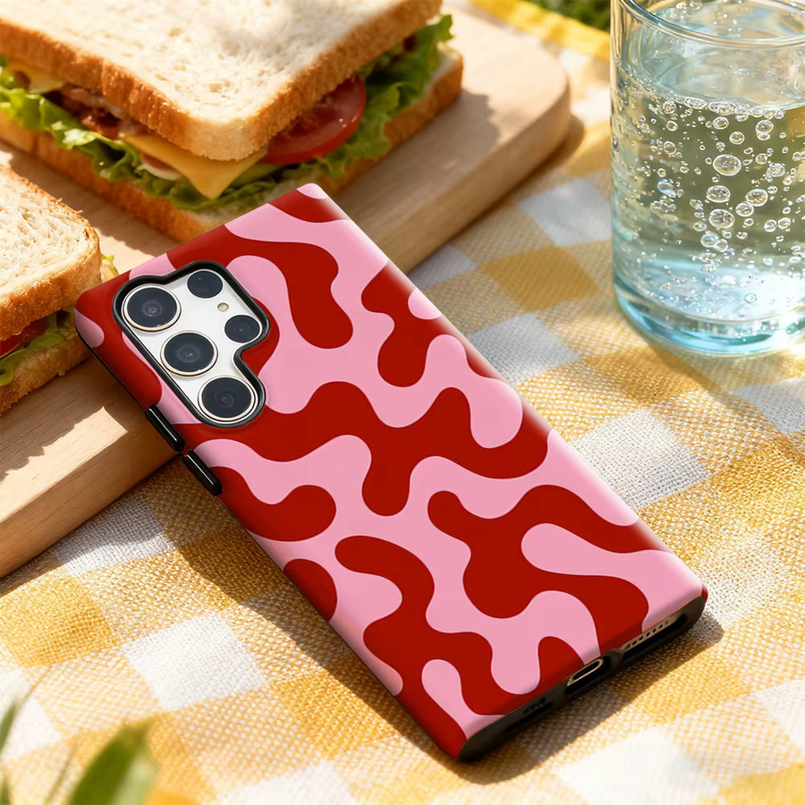 Künstlerische Samsung Galaxy Handyhülle mit fließendem Muster in Rot und Rosa für Galaxy S25 Ultra, S24 und S23 Ultra Plus mit glänzender doppellagiger Rückseite - Bild 3
