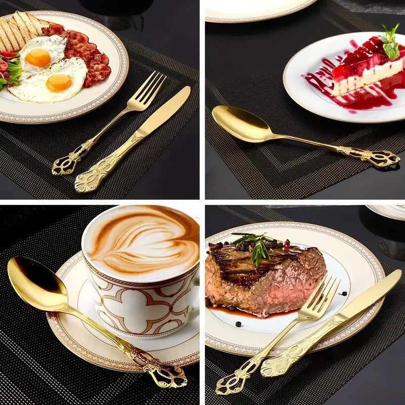 Huangting Besteckset aus Edelstahl in Gold, 30-teilig mit Steakmesser, Gabel, Löffel und Dessertbesteck - Bild 2