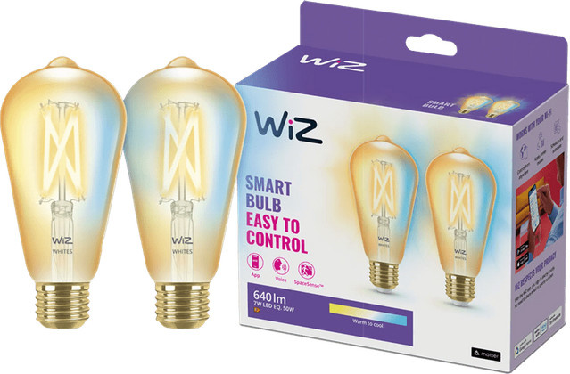WiZ LED Filamentlampe ST64 Edisonform E27 Amber 2er-Pack dimmbar mit Warm- und Kaltweiß-Funktion - Bild 1