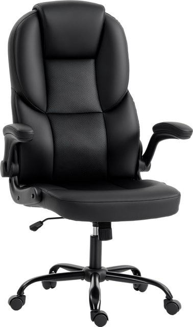 HOMCOM Ergonomischer Bürostuhl in Schwarz mit klappbaren Armlehnen, gepolstertem PU-Ledersitz und Wippfunktion für Home-Office und Büro - Bild 1