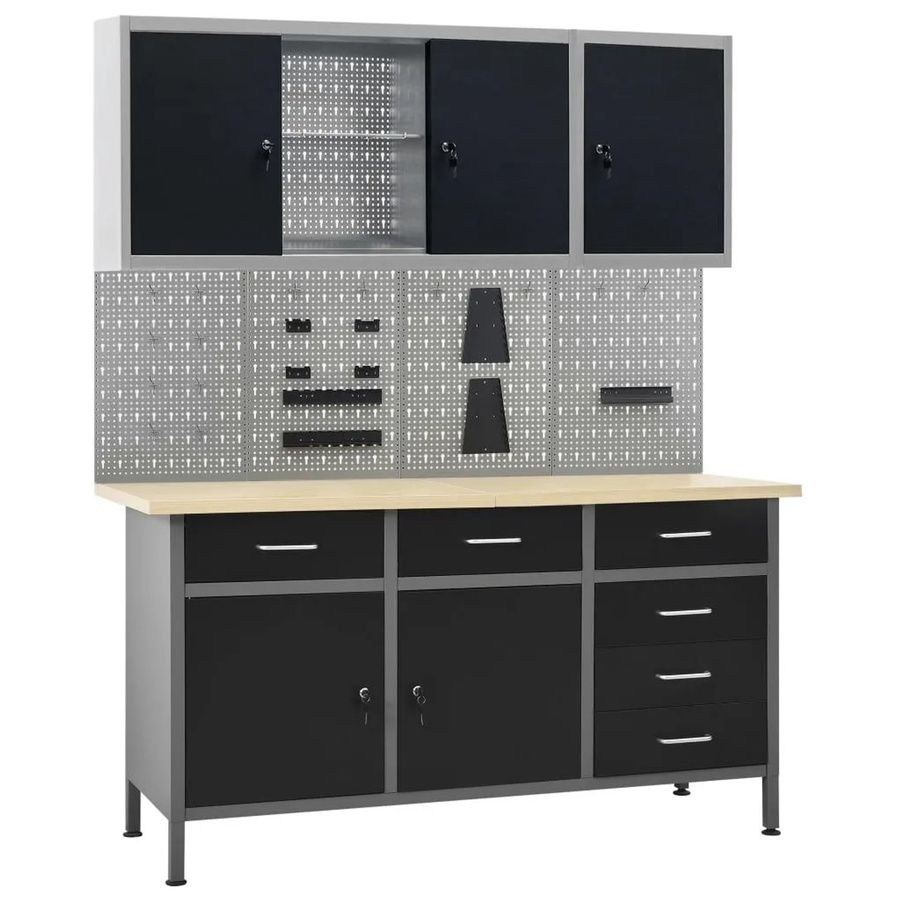 vidaXL Werkbank mit 4 Werkzeugwänden und 2 Wandschränken in Schwarz-Grau, höhenverstellbar, B/T/H: 160 x 60 x 85 cm - Bild 2