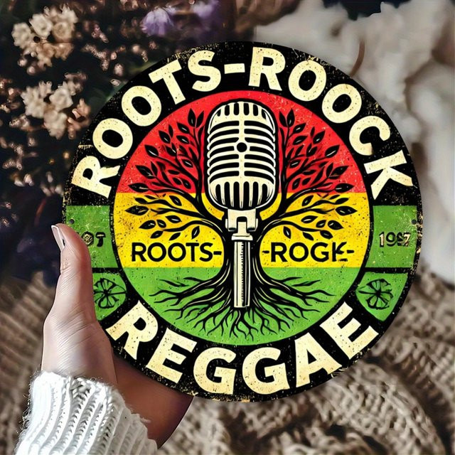Roots Rock Rundes Metallschild Teevotshirts mit Foliengravur im Retro-Musik-Design, Mehrfarbig, Durchmesser: 20 cm - Bild 1