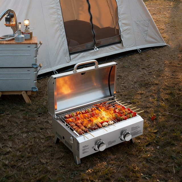 Tragbarer 2-Flammen Tischgasgrill aus Edelstahl in Silber mit Pizzastein und klappbaren Beinen - Bild 1