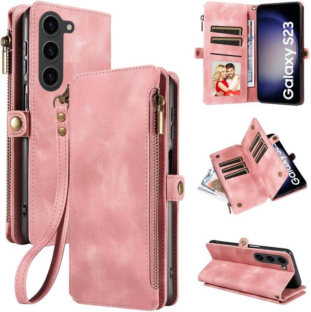 Handy-Brieftaschenhülle aus PU-Leder für Samsung Galaxy S25 S24 S23 S22 S21 S20 FE Ultra, stoßfeste Schutzhülle mit RFID-Schutz in Rosa - Bild 1