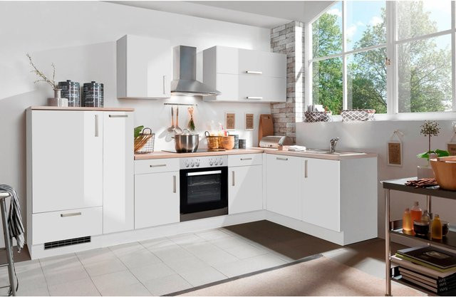 Menke Premium Winkelküche White in Lack Weiß Hochglanz und Asteiche Nachbildung B/T/H: 310 x 170 x 60 cm - Bild 1