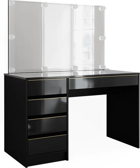 Vicco Schminktisch Sherry in Schwarz Hochglanz mit Gold-Akzenten, LED-Spiegel und 5 Schubladen, B: 120 cm, T: 75 cm, H: 75 cm - Bild 2