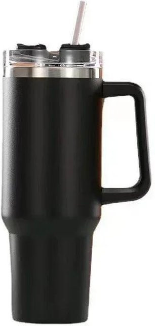 Yiran Furniture Isolierte Edelstahl Wasserflasche mit Griff und Stroh, Thermobecher für Kaffee und Sport, Schwarz, 40oz - Bild 1