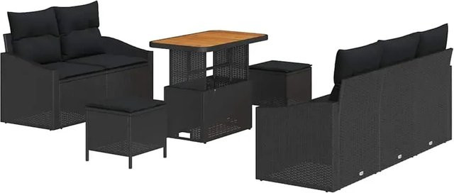 vidaXL Garten-Sofa-Set 8-tlg. aus Poly Rattan und Akazienholz in Schwarz mit Kissen - Bild 1