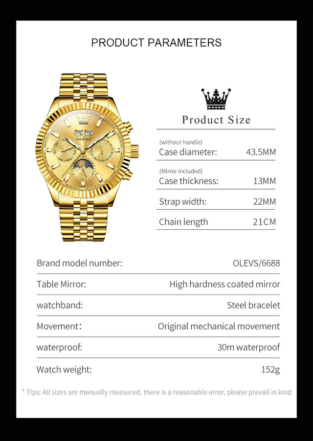 OLEVS Armbanduhr Automatik, Mondphase, Doppelkalender, Gold, Edelstahl, Herren - Bild 6