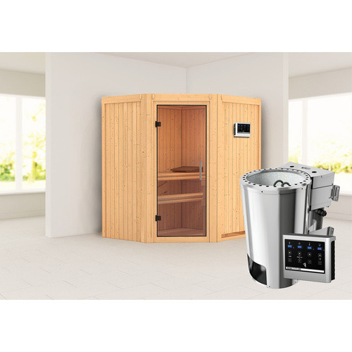 Karibu Sauna Tuckum aus Fichtenholz in Beige inklusive 3.6 kW Saunaofen mit externer Steuerung für 3 Personen, B/T/H: 198 x 151 x 170 cm - Bild 2