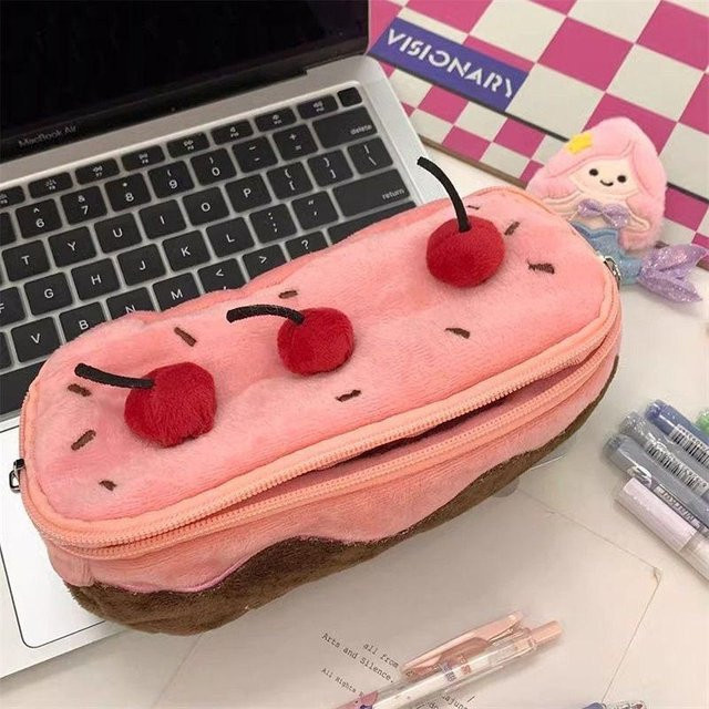Plüsch-Federmäppchen mit Kirschkuchen-Design in Pink, flauschiges Schreibwaren-Etui für Mädchen - Bild 1