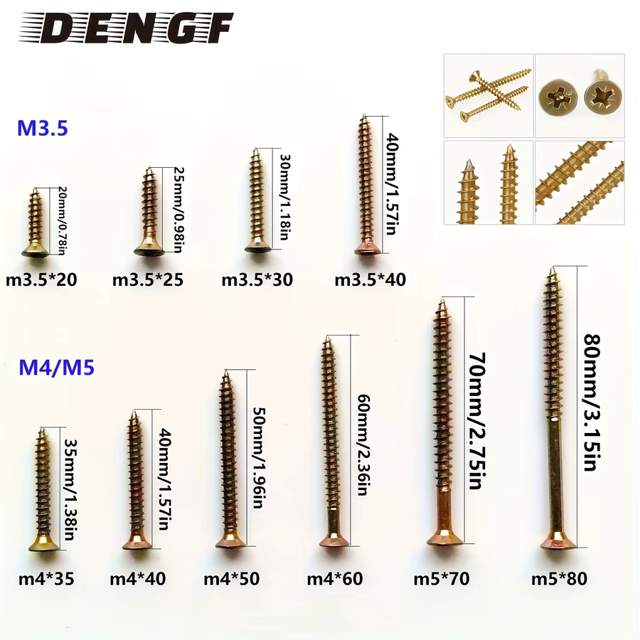 MIVM 380-teiliges Holzschrauben-Set aus Stahl, Farbverzinkte Phillips-Flachkopf-Blechschrauben und Trockenbauschrauben in Gold, M3.5 M4 M5 - Bild 2