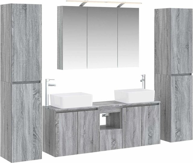 vidaXL Badezimmermöbel-Set 6-teilig in Grau Sonoma, modern mit LED-Beleuchtung, Spiegelschrank, Wandunterschrank und Waschtisch aus Holz und Glas - Bild 1