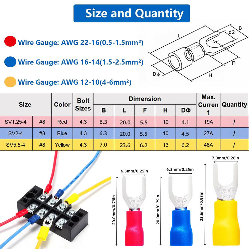 TEMINUO 80 Stück isolierte Gabelspaten-Draht-Stoßverbinder Set mit M4-Bolzen und #8-Schrauben-Crimp-Anschlüssen für elektrische Kabel - Bild 2