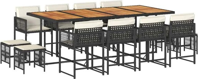 vidaXL 13-teilige Garten-Essgruppe aus Poly Rattan mit Kissen und Akazienholz in Schwarz, Braun und Cremeweiß - Bild 1