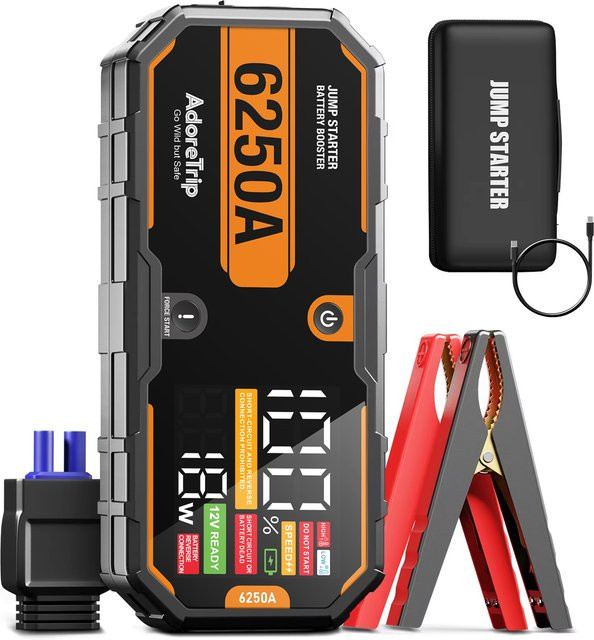 AdoreTrip 6250A Tragbares 12V Starthilfegerät Powerbank und Autobatterie-Ladegerät in Schwarz mit LED-Licht - Bild 1