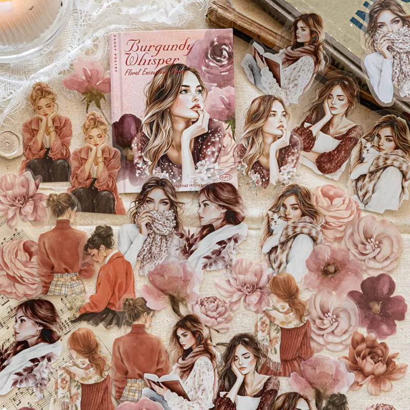 Papier Herr. Charakter-Aufkleber mit süßem Anime-Mädchen und Blumen, 40 Blatt PET-Aufkleber in Multicolour für DIY-Dekoration - Bild 1
