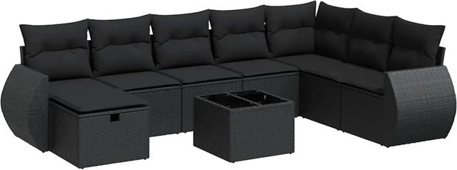 vidaXL 9-tlg. Garten-Sofagarnitur in L-Form aus Polyrattan mit Kissen in Schwarz - Bild 1