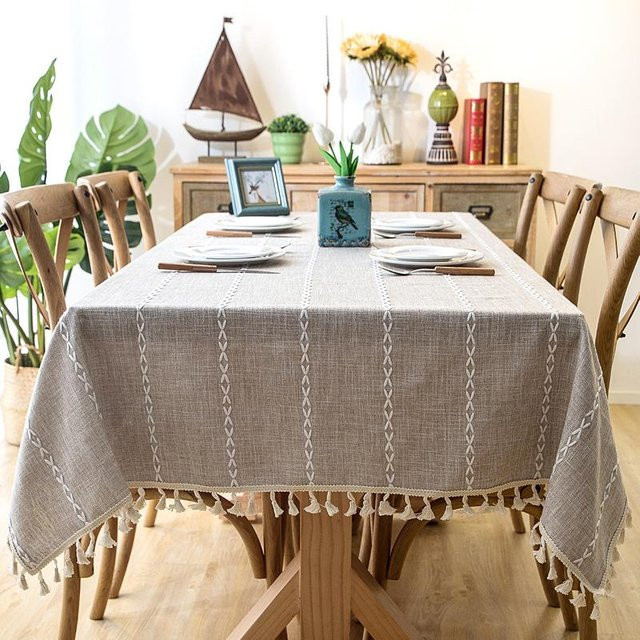 Gestreifte Tischdecke aus Baumwollleinen von YT Daily Necessities in Beige-Braun, schmutzabweisend, quadratisch, B/T: 140 x 140 cm - Bild 1