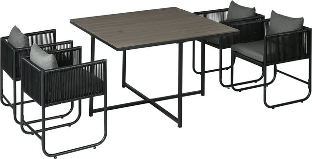 Outsunny 5-tlg Polyrattan Gartenmöbel Set in Grau mit Esstisch, 4 Stühlen und Beistelltisch - Bild 1