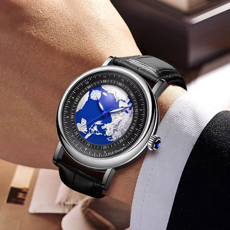 LIGE Armbanduhr Quarz, Leder, Blau, Edelstahl, Herren - Bild 6