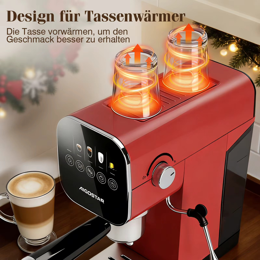 Aigostar Espresso Siebträgermaschine in Rot aus Edelstahl mit 20 Bar Druck, Digitalem Touchpanel, Milchaufschäumer und 0,9 l Wassertank, kompatibel mit Kapseln und gemahlenem Kaffee - Bild 5