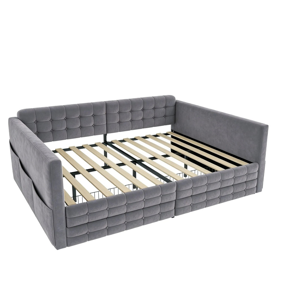 Merax Schlafsofa aus Samt mit Karomuster und Schubladen in Grau, B/T/H: 140 x 190 x 79,5 cm - Bild 2