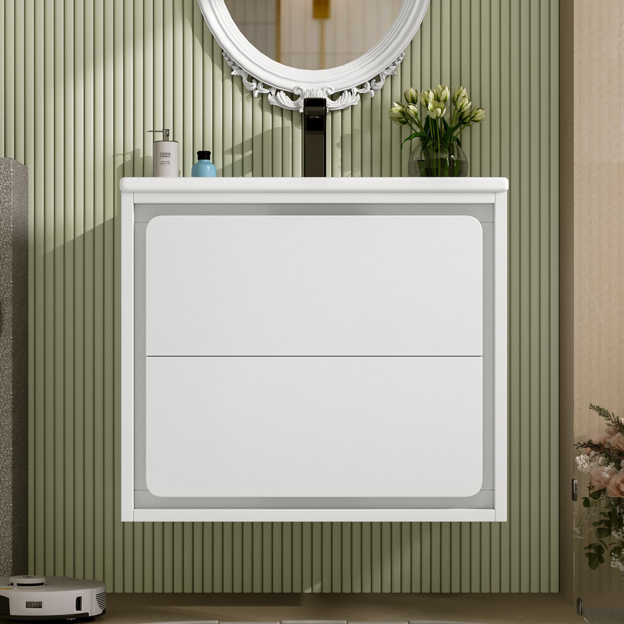 NK Space Wandhängender Badezimmerschrank in Weiß mit integriertem Keramikwaschbecken, LED-Beleuchtung und zwei Schubladen, B/T/H: 60 x 46 x 50 cm - Bild 2