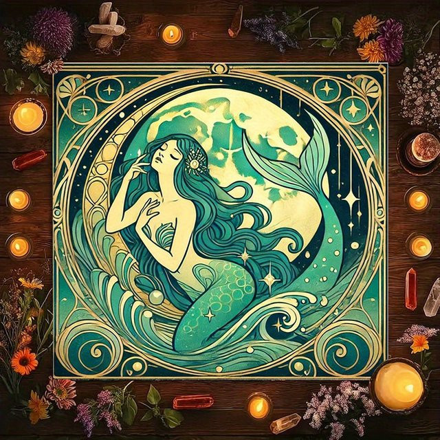 VIKAMA Tarot-Karten Altartuch im Jugendstil mit Mond-Meer-Meerjungfrau Motiv, Multicolour Meditationsmatte und Wahsagematte - Bild 1