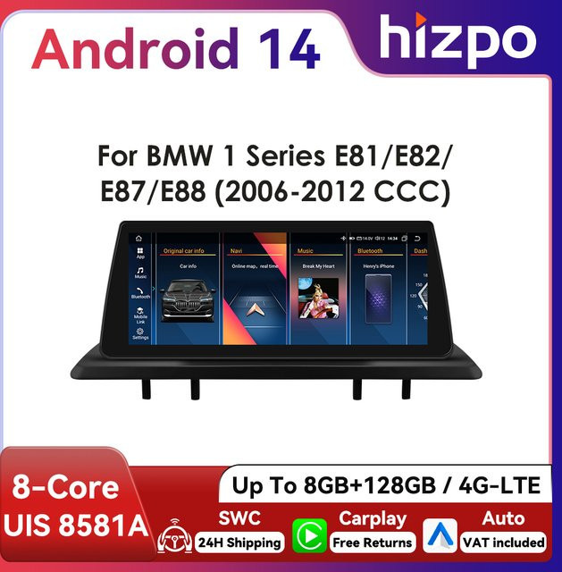 Hizpo Android Auto Autoradio mit 10,25 Zoll Display für BMW 1er 2006 - 2012 E81 E82 E87 E88 CCC CIC, CarPlay, WiFi, Bluetooth, GPS und 4G in Schwarz - Bild 1