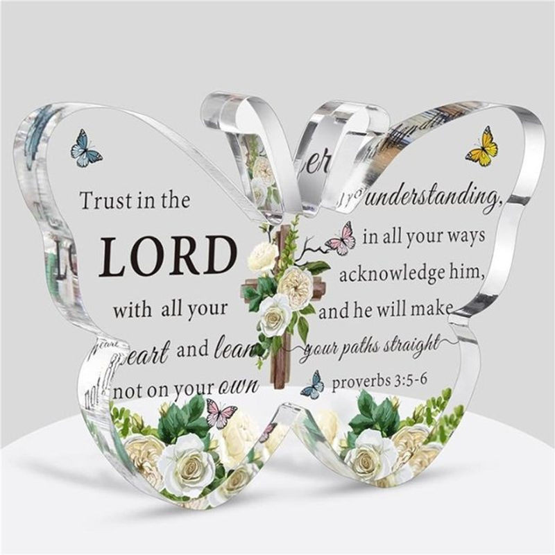 Religiöse Acryl-Dekoration mit Schmetterlings- und Floral-Motiv in Transparent für Gebetsräume und als christliches Geschenk für Frauen und Männer - Bild 1