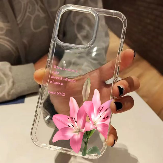 Transparente Silikon-Handyhülle mit rosa Lilien- und Bibelvers-Muster für iPhone 11 bis iPhone 17 Pro Max und weitere Modelle - Bild 1