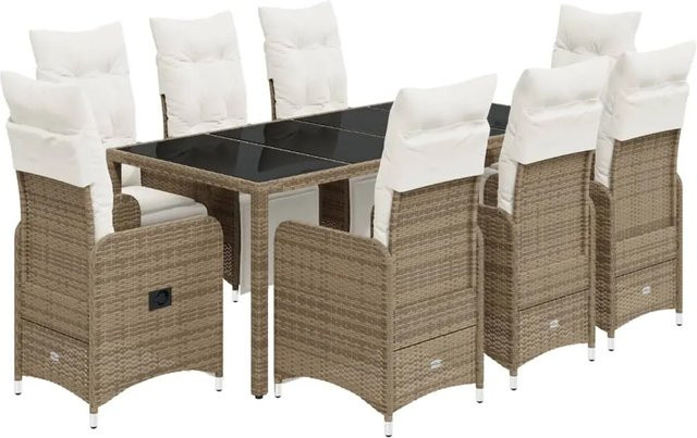 vidaXL 9-tlg Garten-Bistro-Set aus braunem Poly-Rattan mit Kissen und Hartglas-Tisch - Bild 1