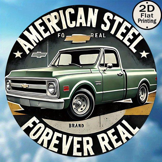 Vintage American Steel Metall-Wandkunst rund in Grün mit LKW-Motiv und Forever Real Slogan, Durchmesser: 20,32 cm - Bild 1