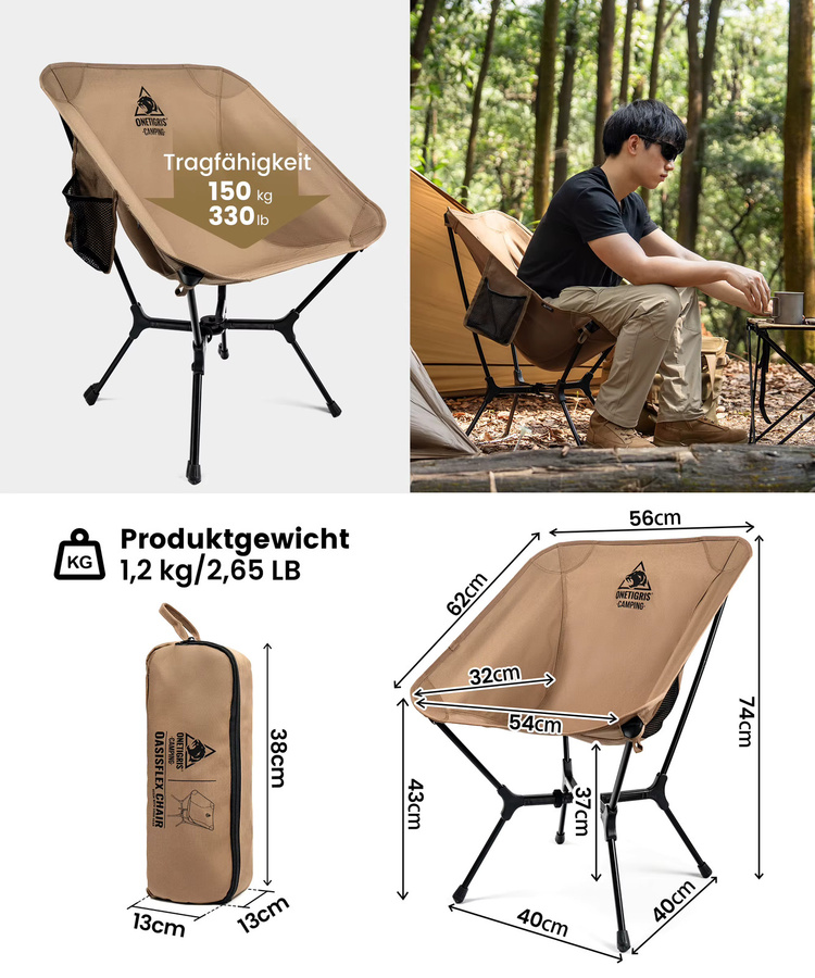 ONETIGRIS OasisFlex Tragbarer Campingstuhl in Braun mit Tragetasche, leichter Klappstuhl für Outdoor, Strand und Picknick - Bild 4