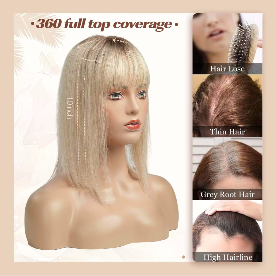 HAIRCUBE Echthaar Topper Perücke mit Pony, Ombre Braun Blonde, 14 Zoll, Damen - Bild 3